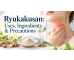 Illustration of ryukakusan featuring throat-care illustration, herbal powder and soft botanical accents